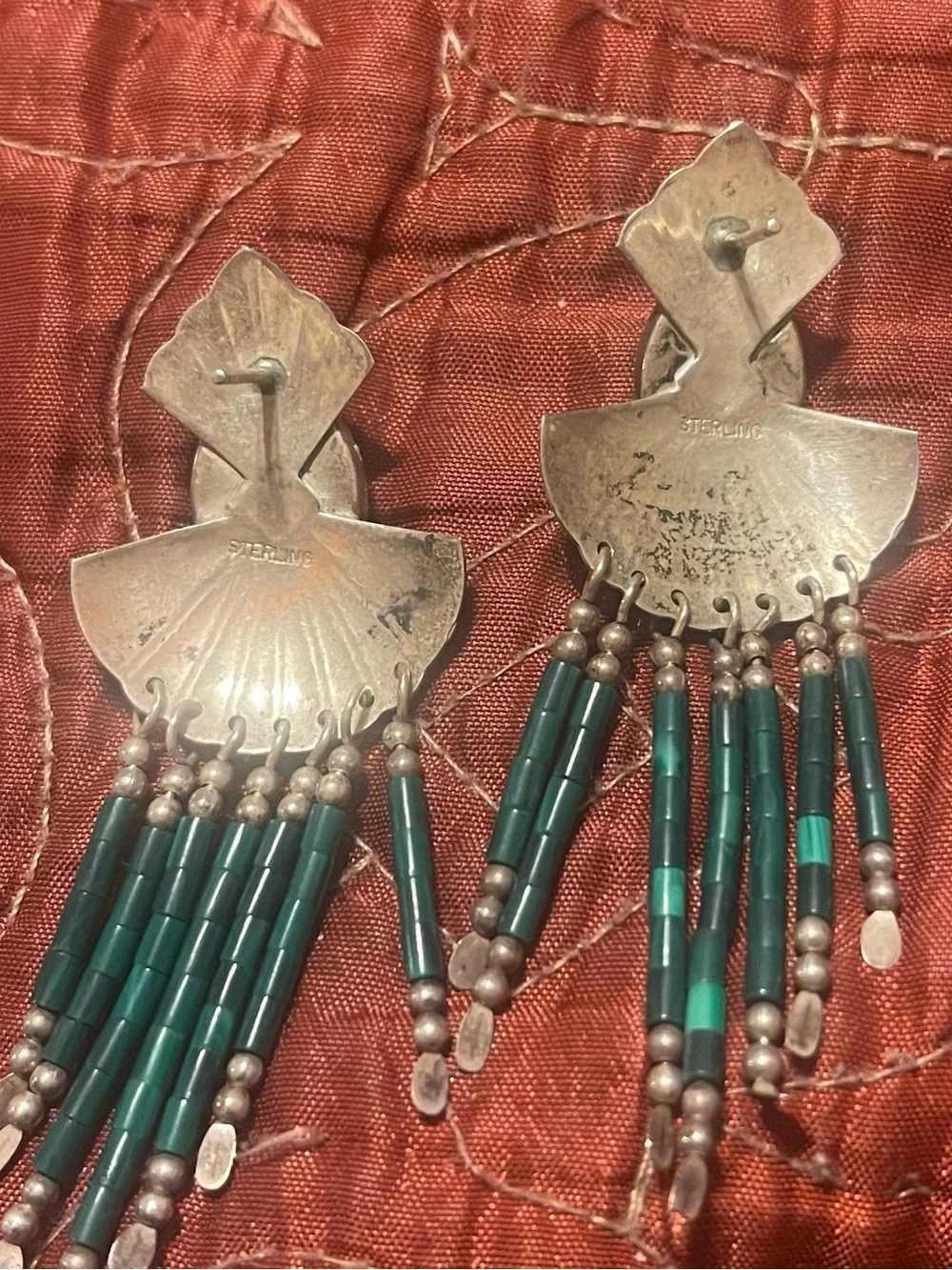 Navajo Sterling Silver and Malachite Stone Fringe Earrings